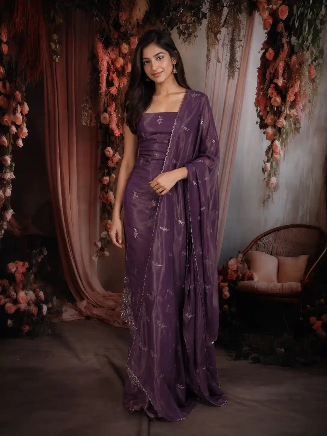 Deep Purple Floral Zari Embroidered Design Tissue Unstitched Salwar Material with Dupatta