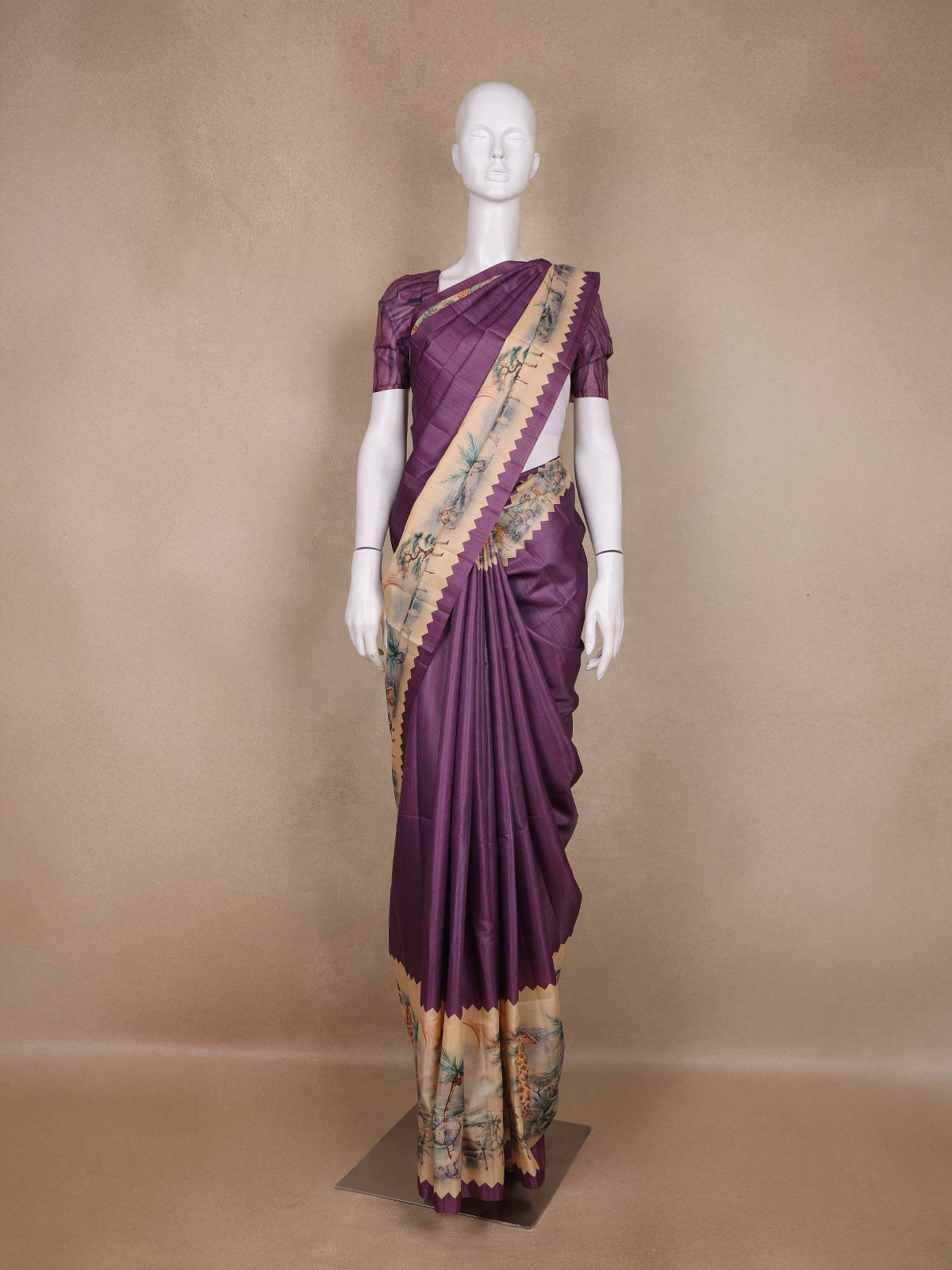 Deep Purple Jungle Motifs Printed Semi Tussar Saree - Diadem