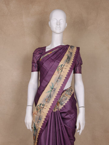 Deep Purple Jungle Motifs Printed Semi Tussar Saree - Diadem