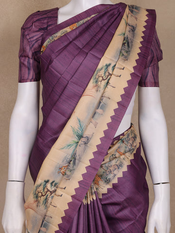 Deep Purple Jungle Motifs Printed Semi Tussar Saree - Diadem