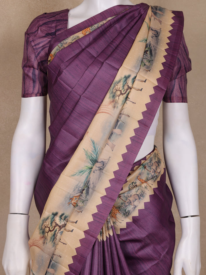 Deep Purple Jungle Motifs Printed Semi Tussar Saree - Diadem