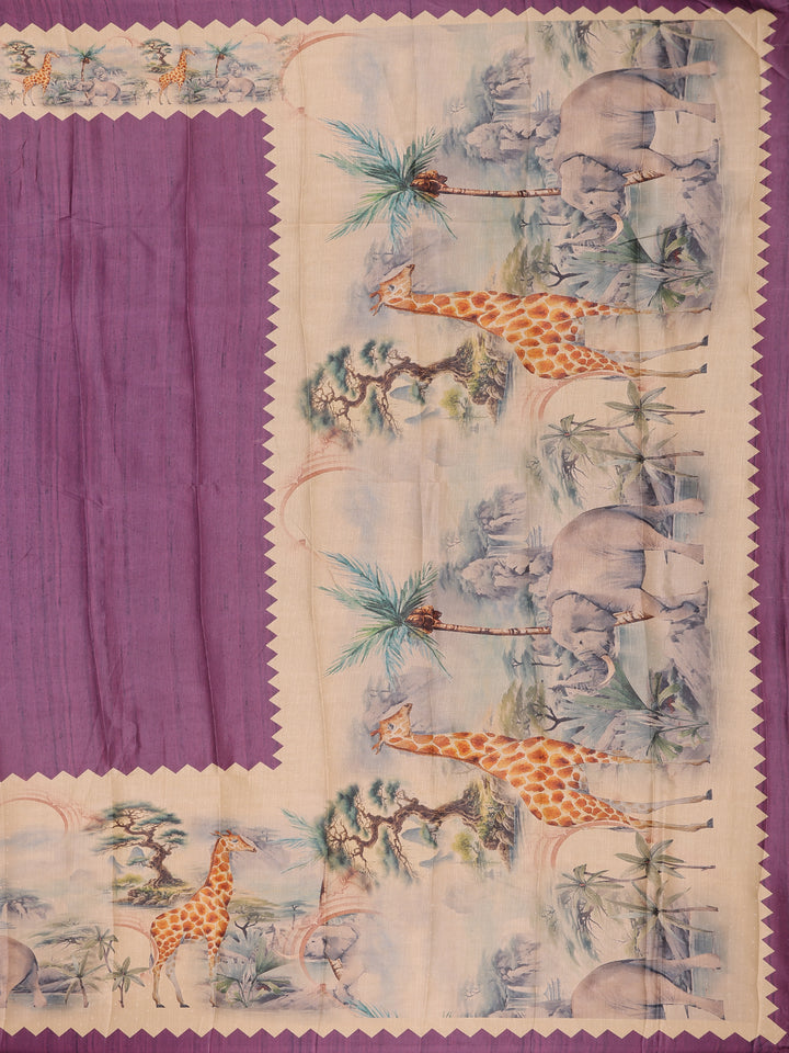 Deep Purple Jungle Motifs Printed Semi Tussar Saree - Diadem