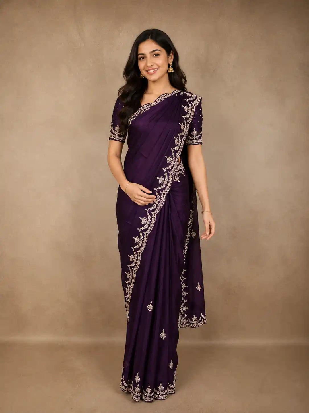 Deep Purple Sequins and Beads Embroidered Design Space Silk Party Wear Saree