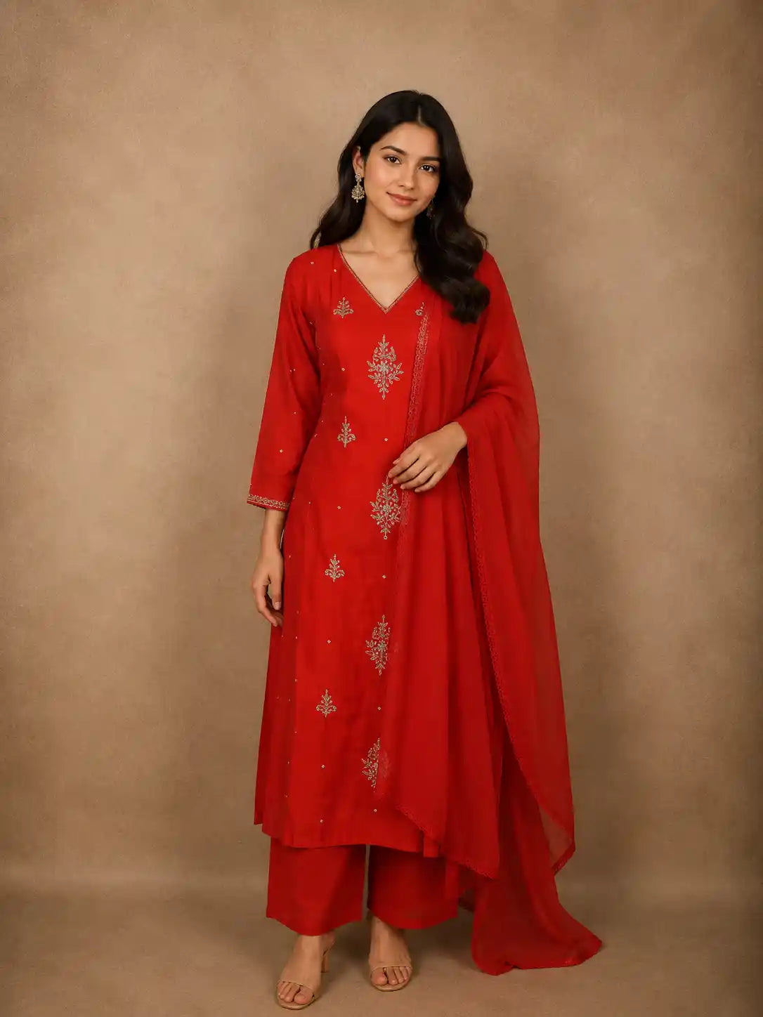 Deep Red Floral Thread Embroidered Design Georgette Salwar Suit with Dupatta
