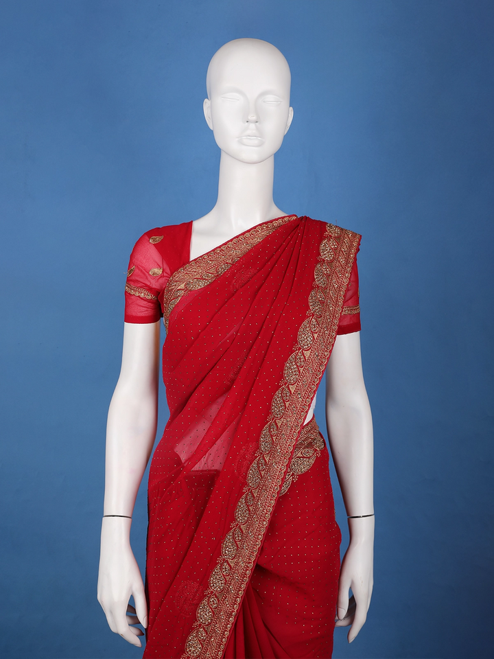 Deep Red Paisley Embroidered Chiffon Saree - Diadem