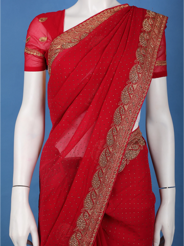 Deep Red Paisley Embroidered Chiffon Saree - Diadem