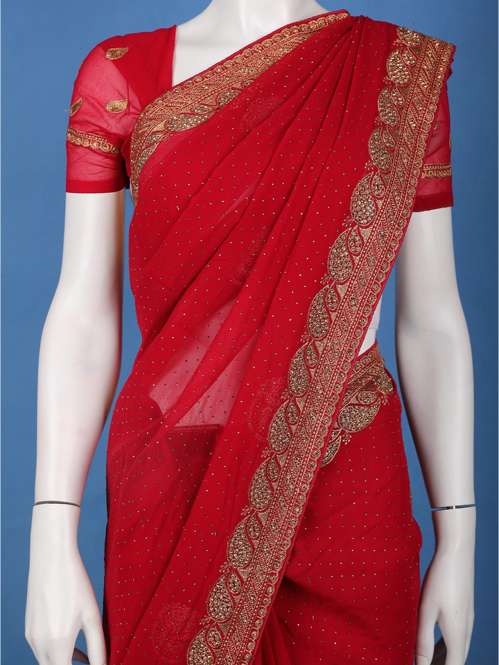 Deep Red Paisley Embroidered Chiffon Saree - Diadem