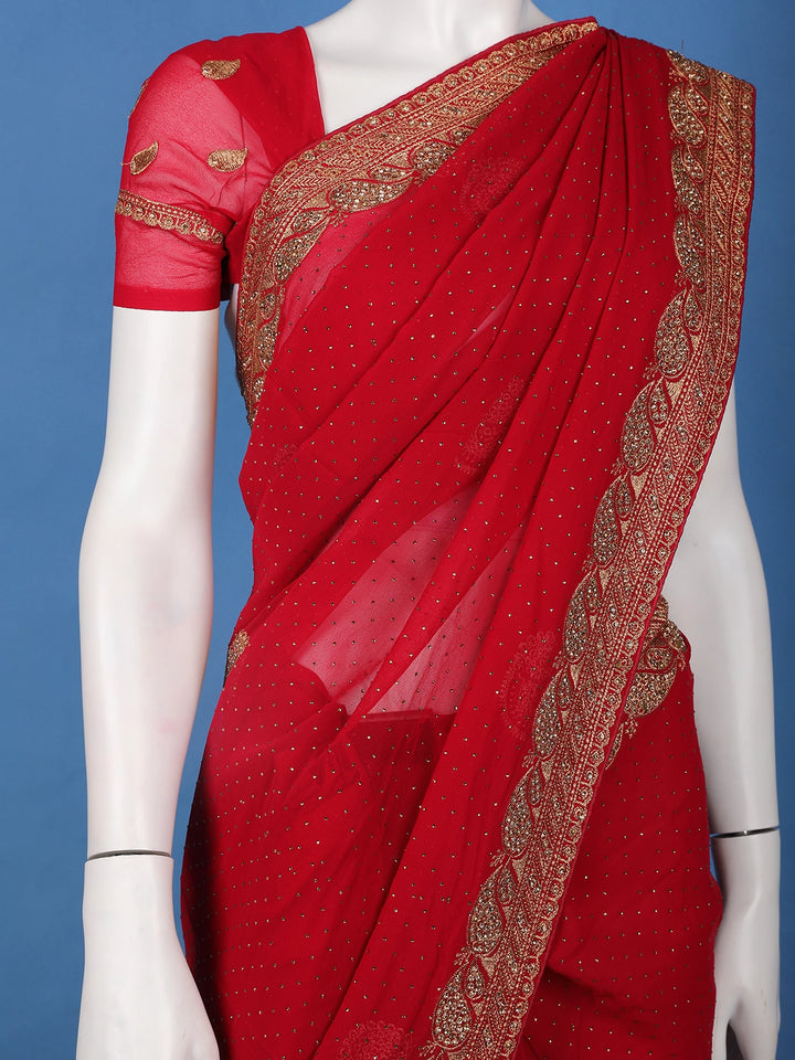 Deep Red Paisley Embroidered Chiffon Saree - Diadem