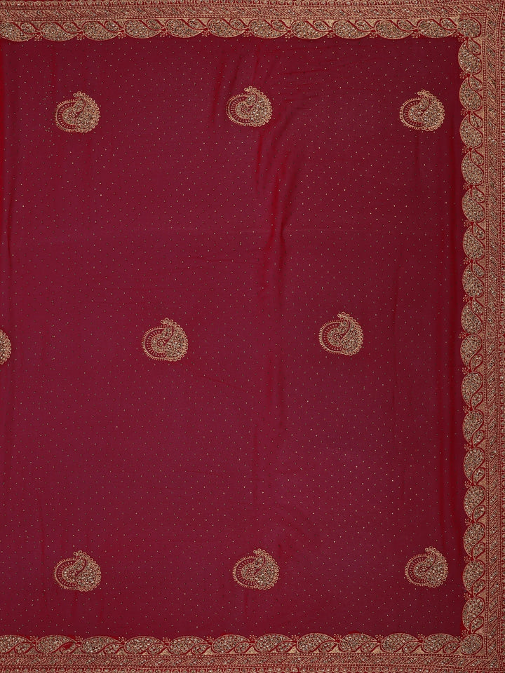 Deep Red Paisley Embroidered Chiffon Saree - Diadem