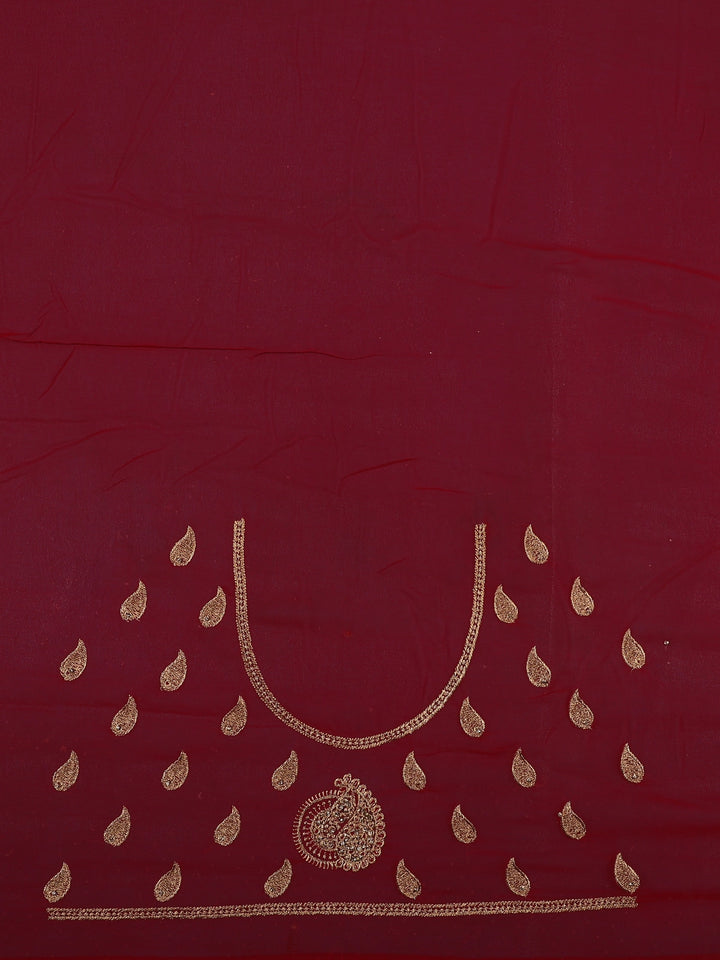 Deep Red Paisley Embroidered Chiffon Saree - Diadem