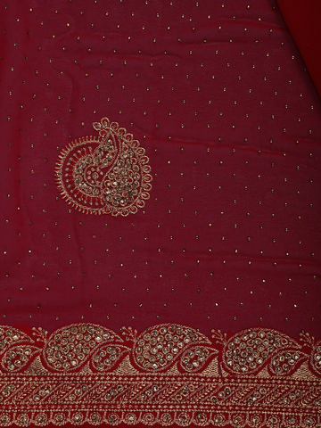 Deep Red Paisley Embroidered Chiffon Saree - Diadem