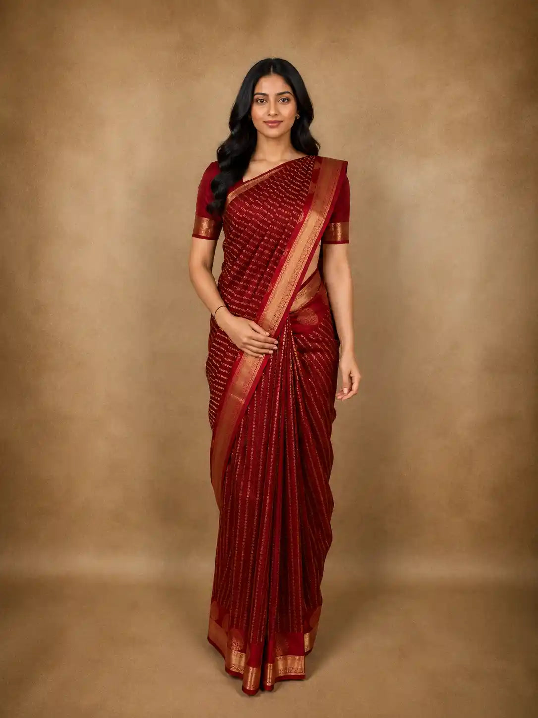 Deep Red Striped Woven Design Pure Kanchipuram Silk Saree with Gold Zari Border