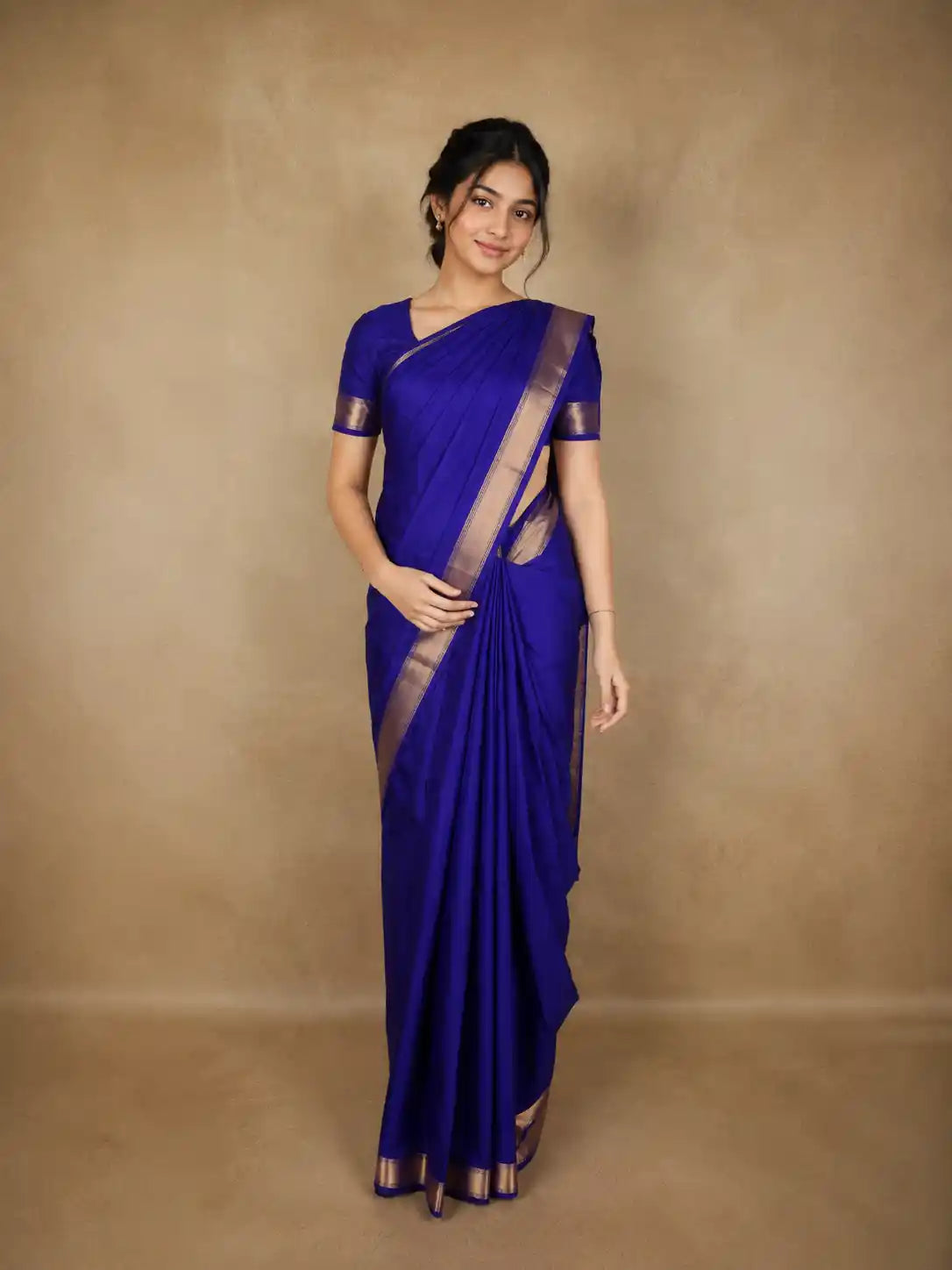 Deep Royal Blue Solid Woven Design Pure Kanchipuram Silk Saree with Zari Border