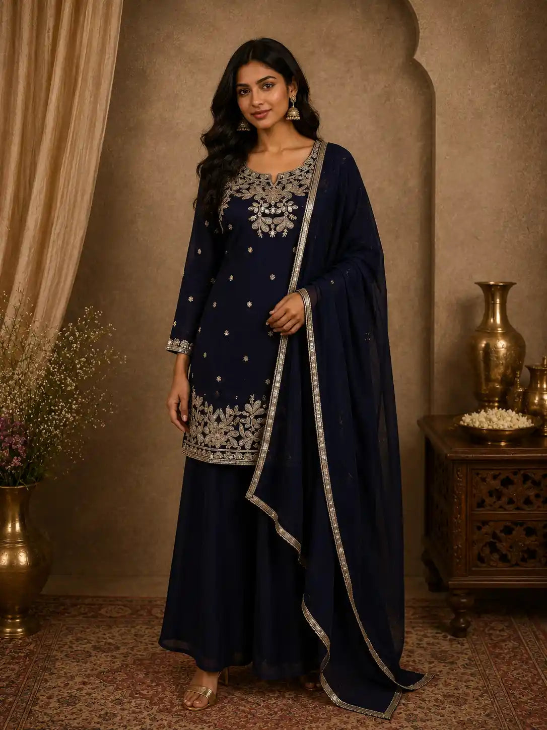 Deep Royal Indigo Blue Floral Sequins and Beads Embroidered Design Organza Palazzo Suit with Dupatta