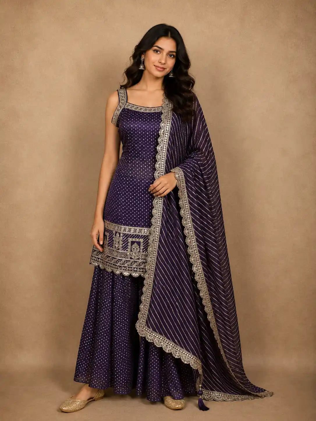 Deep Royal Purple Butta Zari Woven Design Banarasi Silk Palazzo Suit with Dupatta