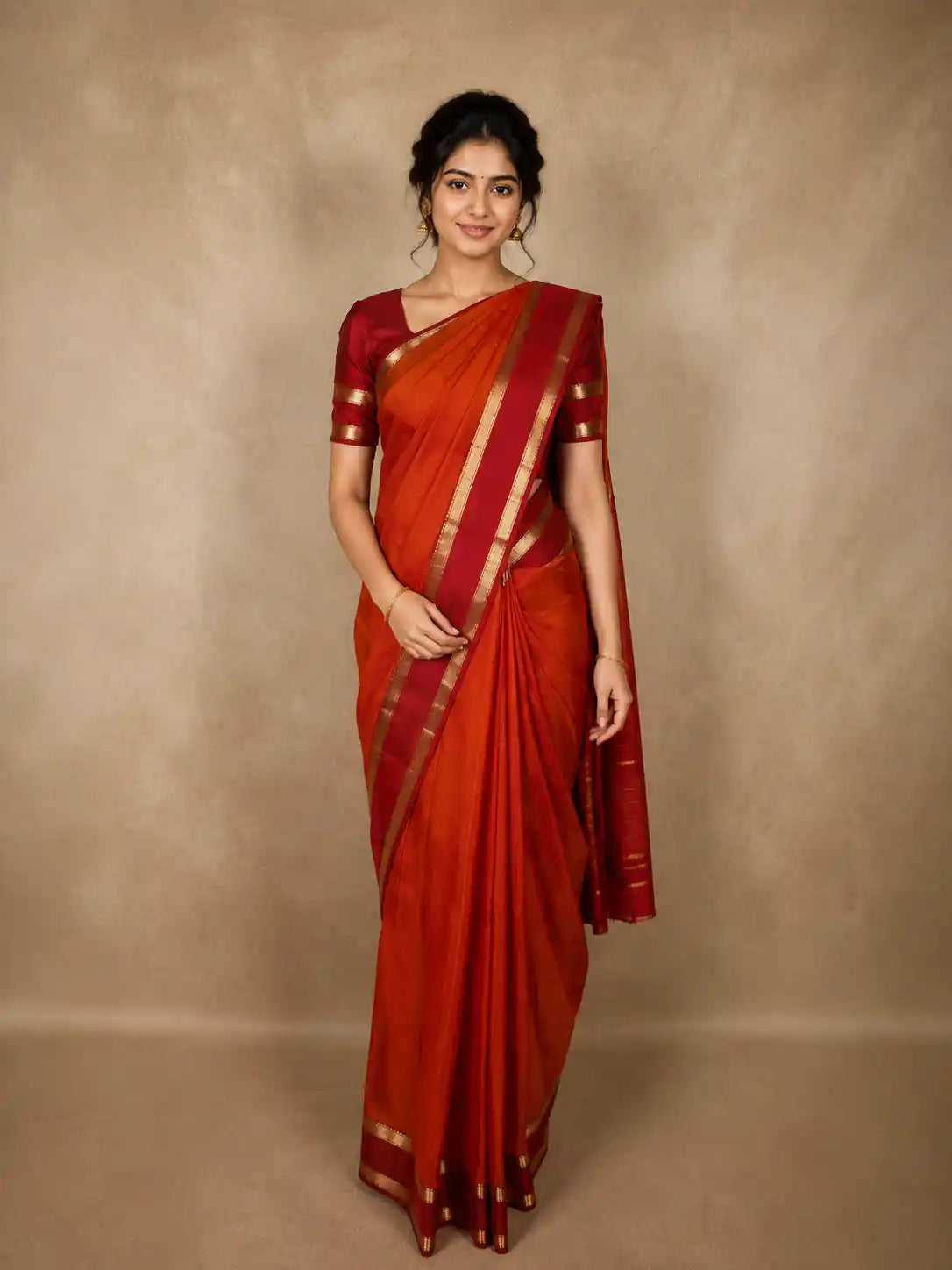 Deep Rust Orange Solid Woven Design Kanchipuram Silk Saree with Zari Border