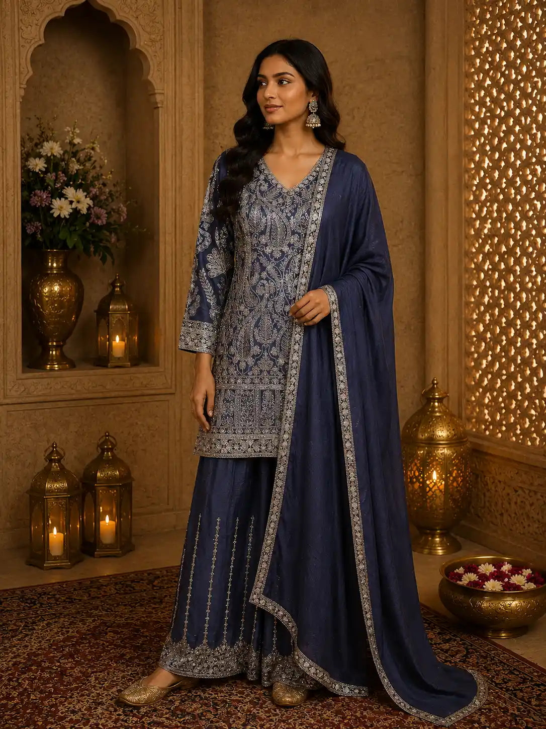 Deep Slate Navy Blue Floral Sequins Embroidered Design Georgette Palazzo Suit with Dupatta