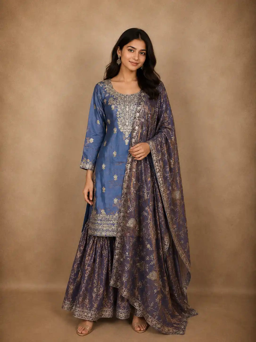 Deep Steel Blue Floral Zari Embroidered Design Organza Sharara Suit With Dupatta