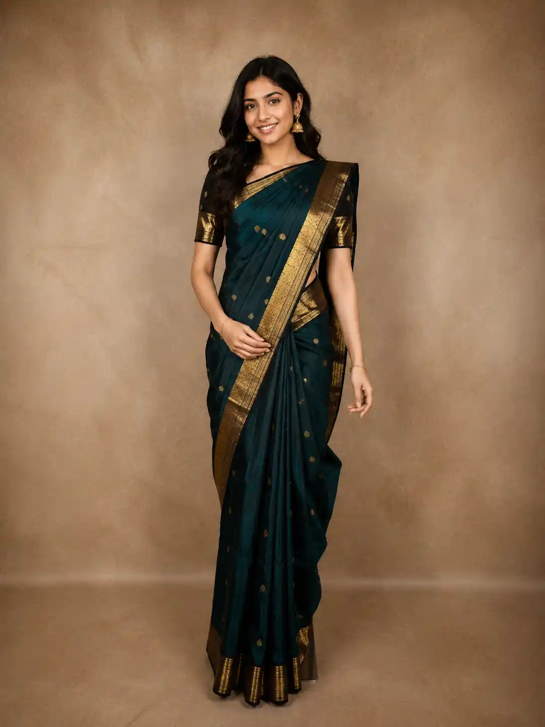 Deep Teal Blue Butta Woven Design Pure Kanchipuram Silk Saree with Contrast Border