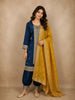 Deep Teal Blue Floral Zari Embroidered Design Silk Salwar Suit with Contrast Yellow Dupatta