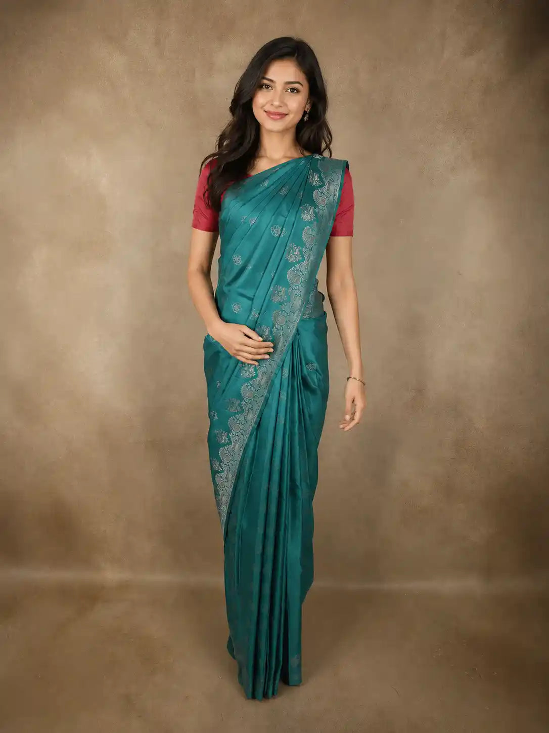 Deep Teal Blue Floral Zari Woven Design Pure Kanchipuram Silk Saree with Zari Border