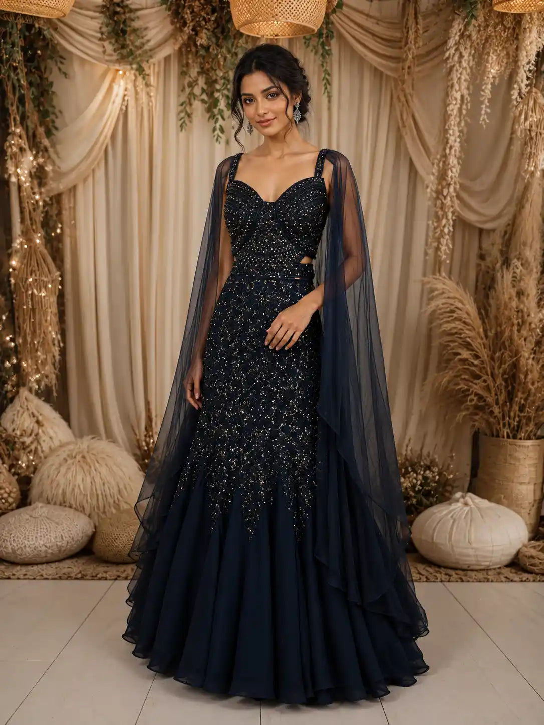 Deep Teal Blue Heavy Sequins and Beads Embroidered Design Mermaid Satin Lehenga with Sheer Dupatta