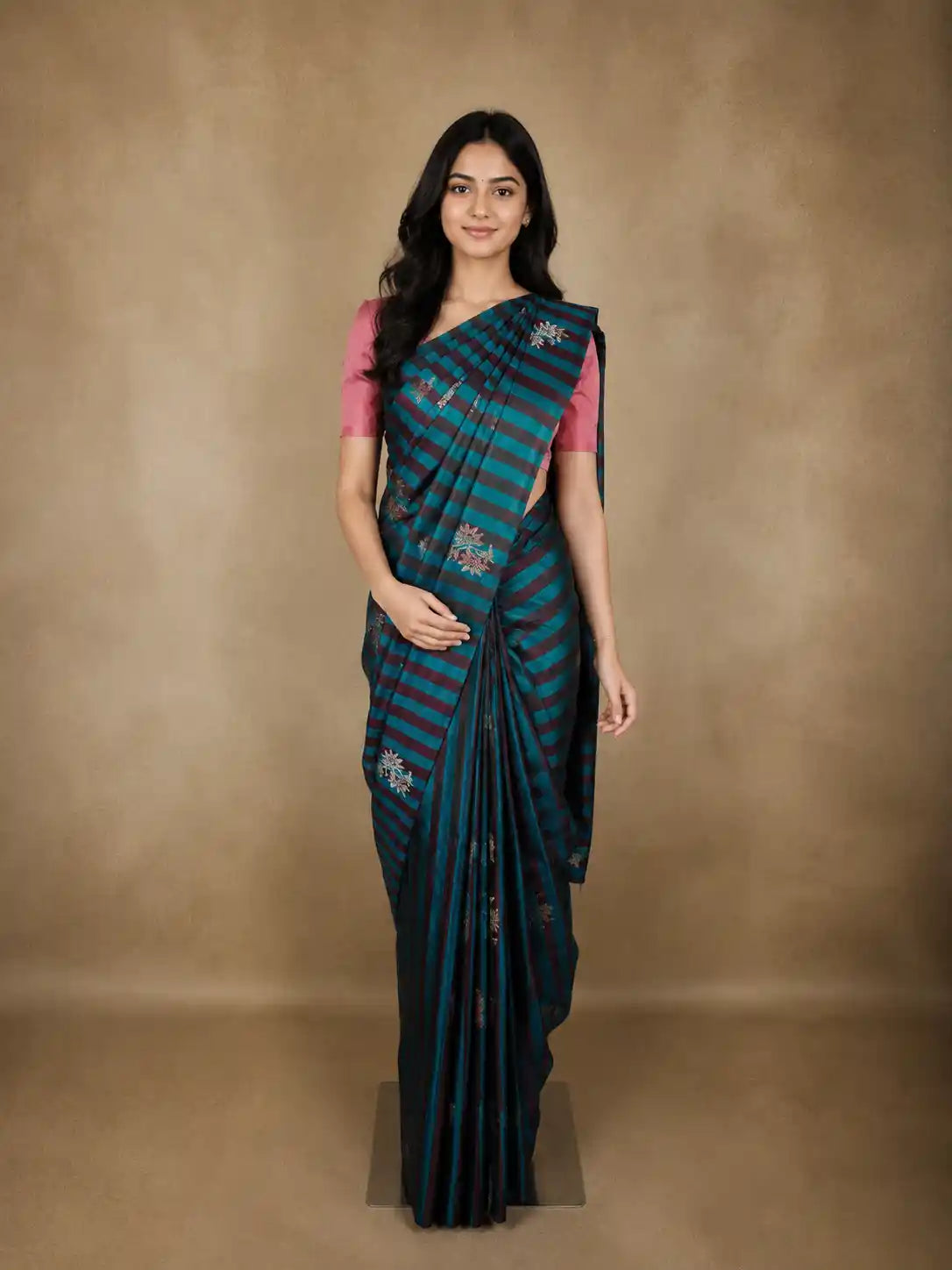 Deep Teal Blue Striped Zari Woven Design Pure Kanchipuram Silk Saree with Butta Border