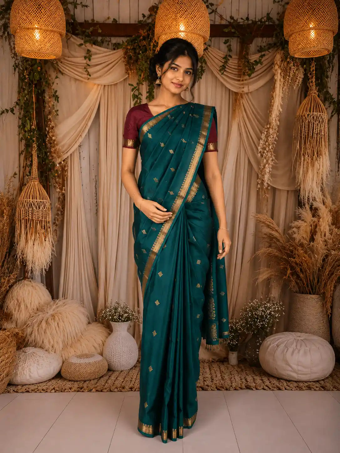Deep Teal Green Butta Woven Design Kanchipuram Silk Saree with Zari Border