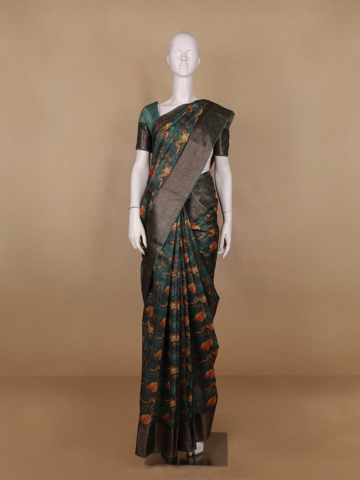 Deep Teal Green Floral Designed Chanderi Cotton Saree - Diadem