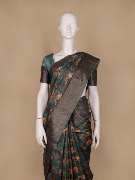 Deep Teal Green Floral Designed Chanderi Cotton Saree - Diadem