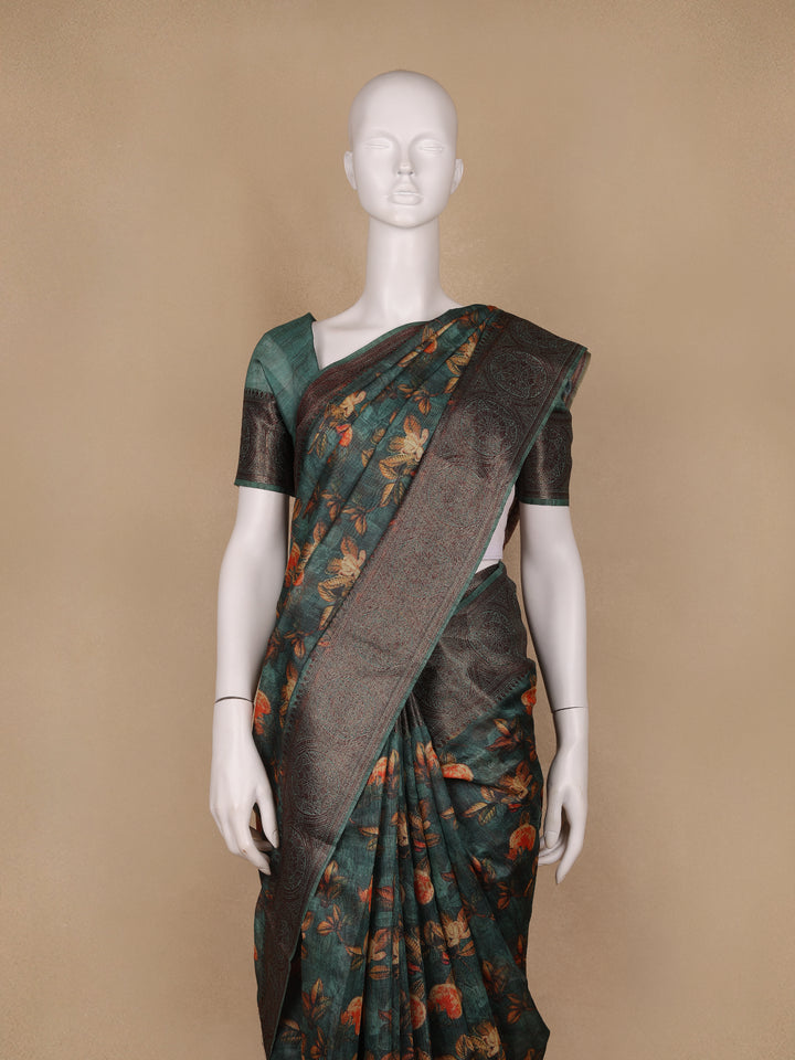Deep Teal Green Floral Designed Chanderi Cotton Saree - Diadem