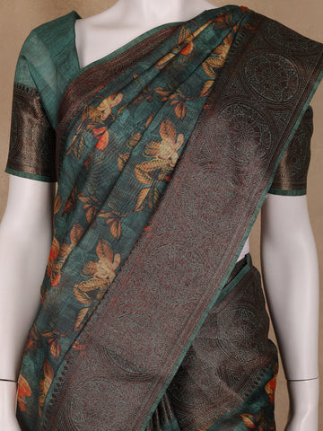 Deep Teal Green Floral Designed Chanderi Cotton Saree - Diadem