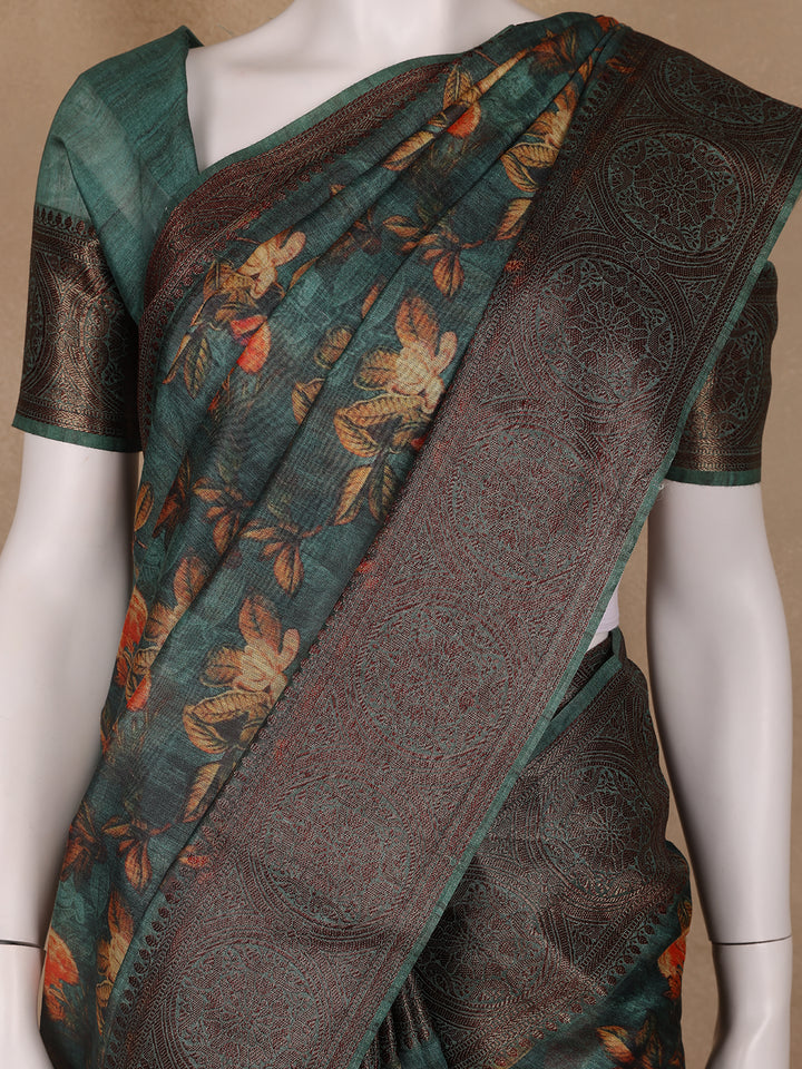 Deep Teal Green Floral Designed Chanderi Cotton Saree - Diadem