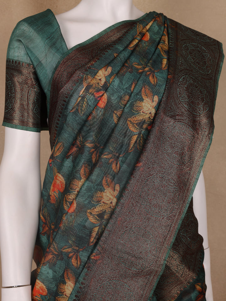 Deep Teal Green Floral Designed Chanderi Cotton Saree - Diadem