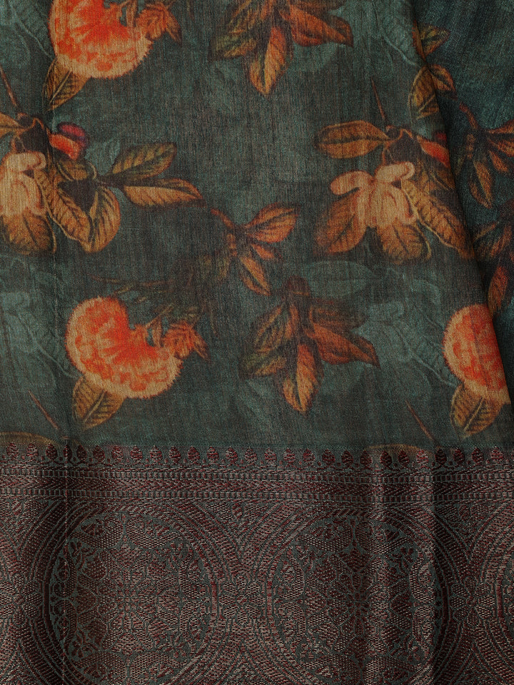 Deep Teal Green Floral Designed Chanderi Cotton Saree - Diadem
