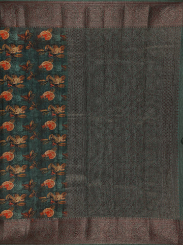 Deep Teal Green Floral Designed Chanderi Cotton Saree - Diadem