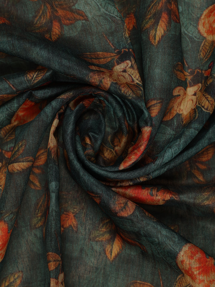 Deep Teal Green Floral Designed Chanderi Cotton Saree - Diadem
