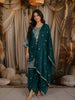 Deep Teal Green Floral Sequins and Zari Embroidered Design Organza Palazzo Suit