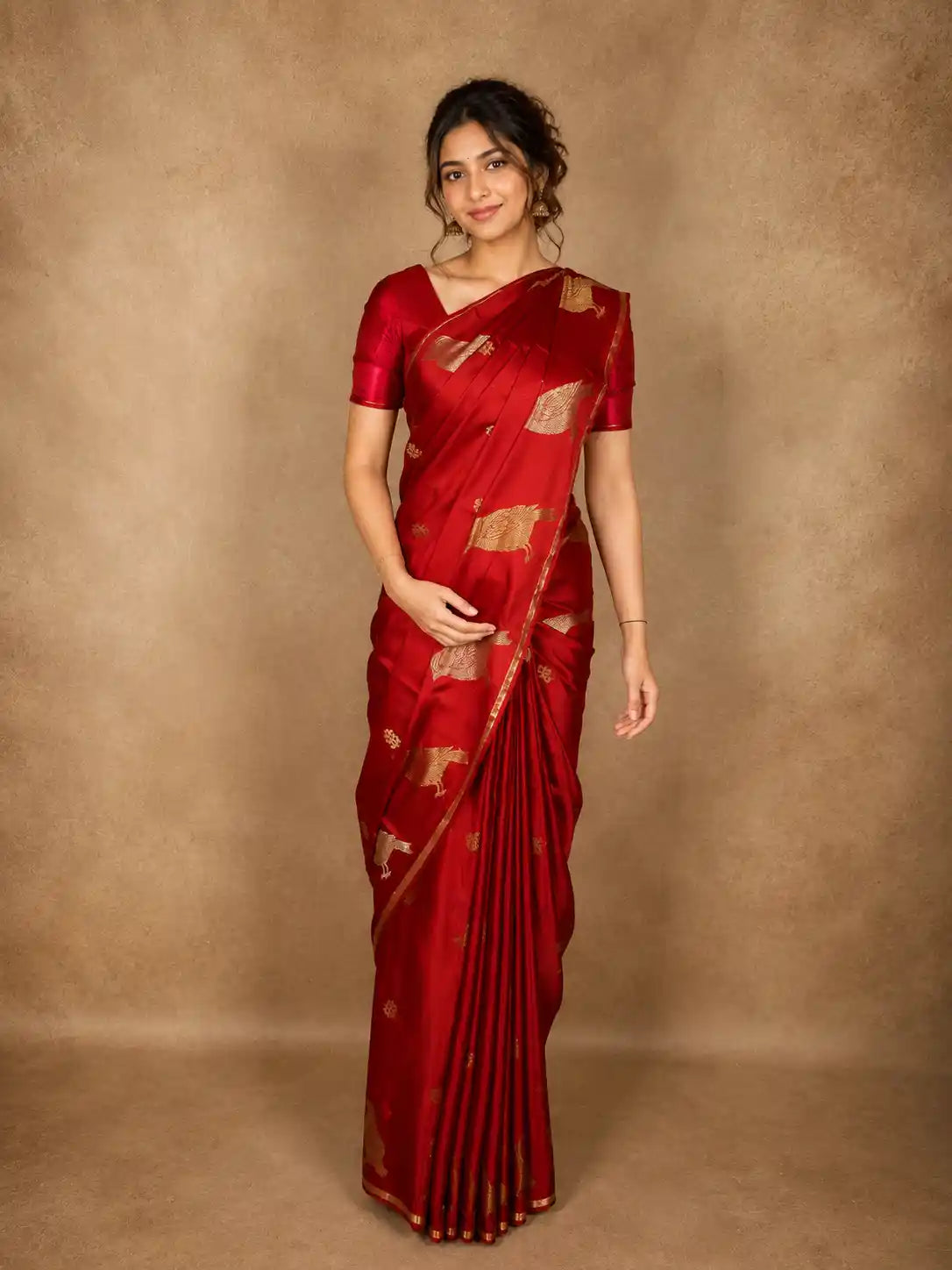 Deep Vermilion Red Floral Butta Woven Design Semi Banarasi Saree with Self Border