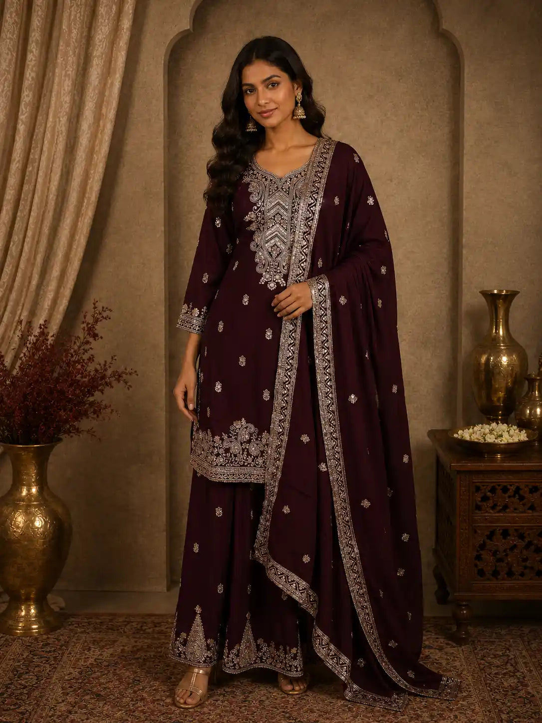 Deep Wine Burgundy Floral Sequins and Beads Embroidered Design Georgette Palazzo Suit with Dupatta