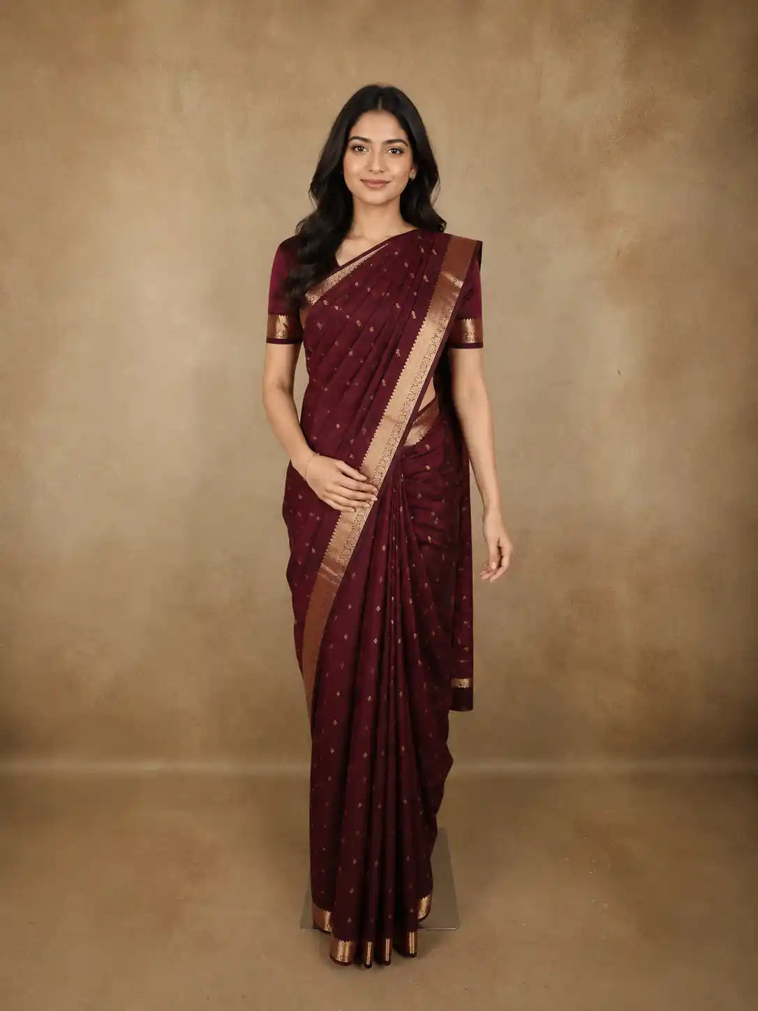 Deep Wine Butta Zari Woven Design Pure Kanchipuram Silk Saree with Zari Border