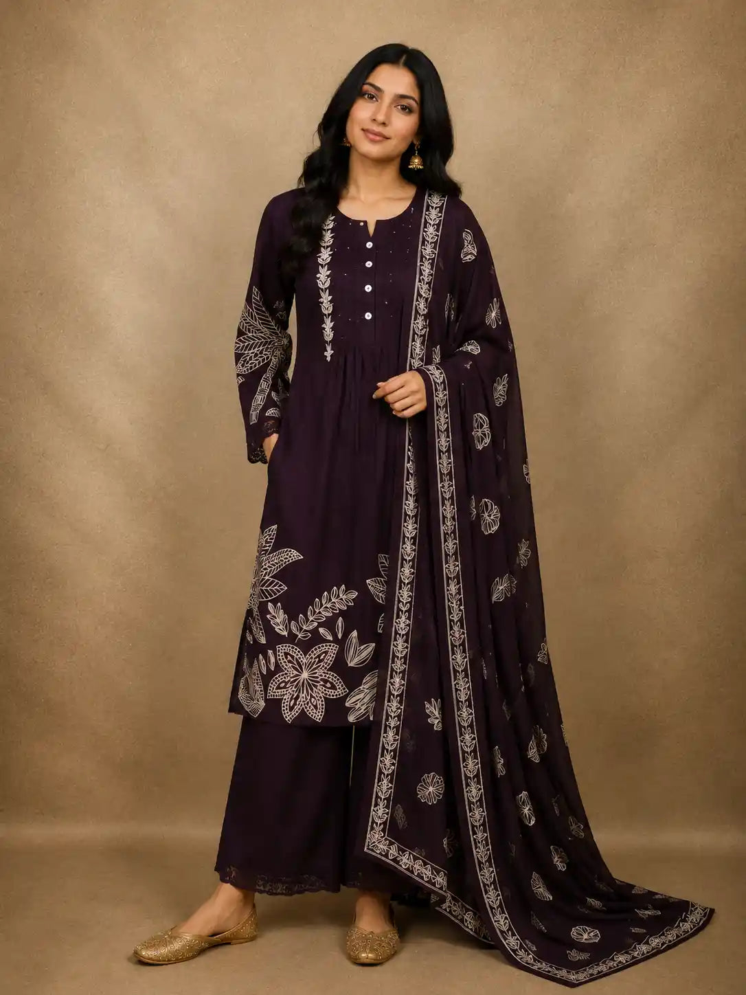 Deep Wine Floral Printed Design Cotton Salwar Suit with Dupatta