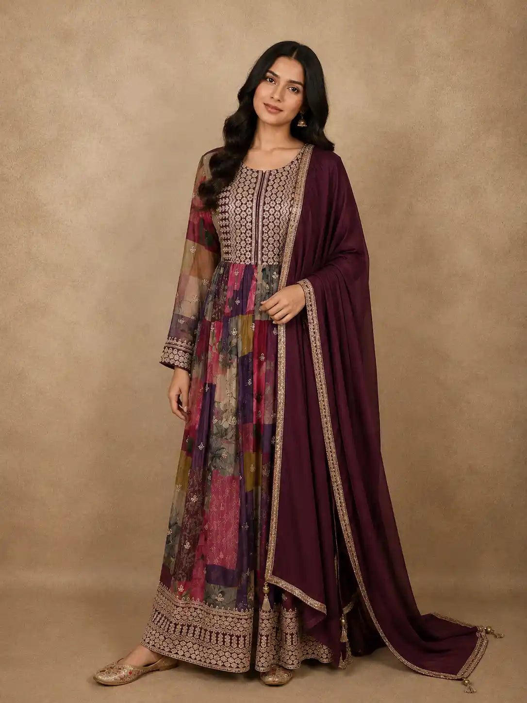 Deep Wine Floral Printed Design Synthetic Anarkali Salwar Suit with Dupatta