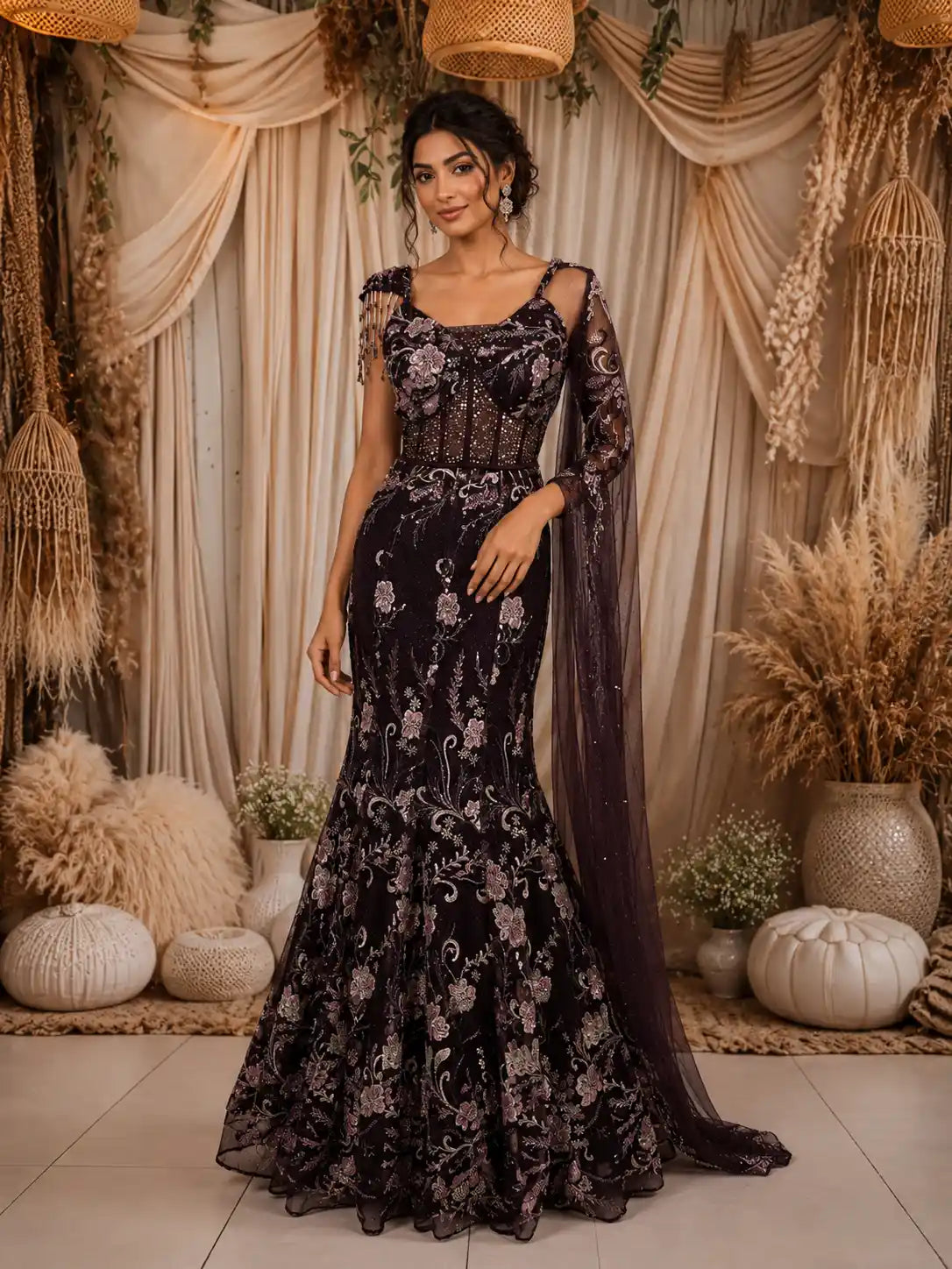 Deep Wine Floral Sequins and Beads Embroidered Design Mermaid Net Lehenga