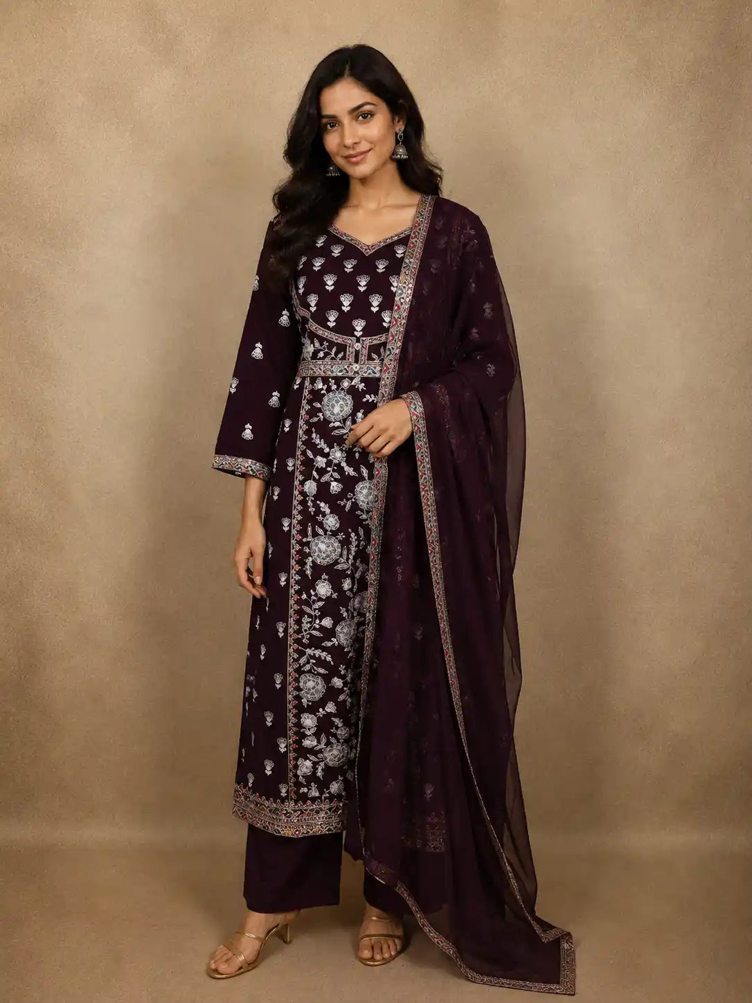 Deep Wine Floral Thread Embroidered Design Cotton Salwar Suit with Dupatta