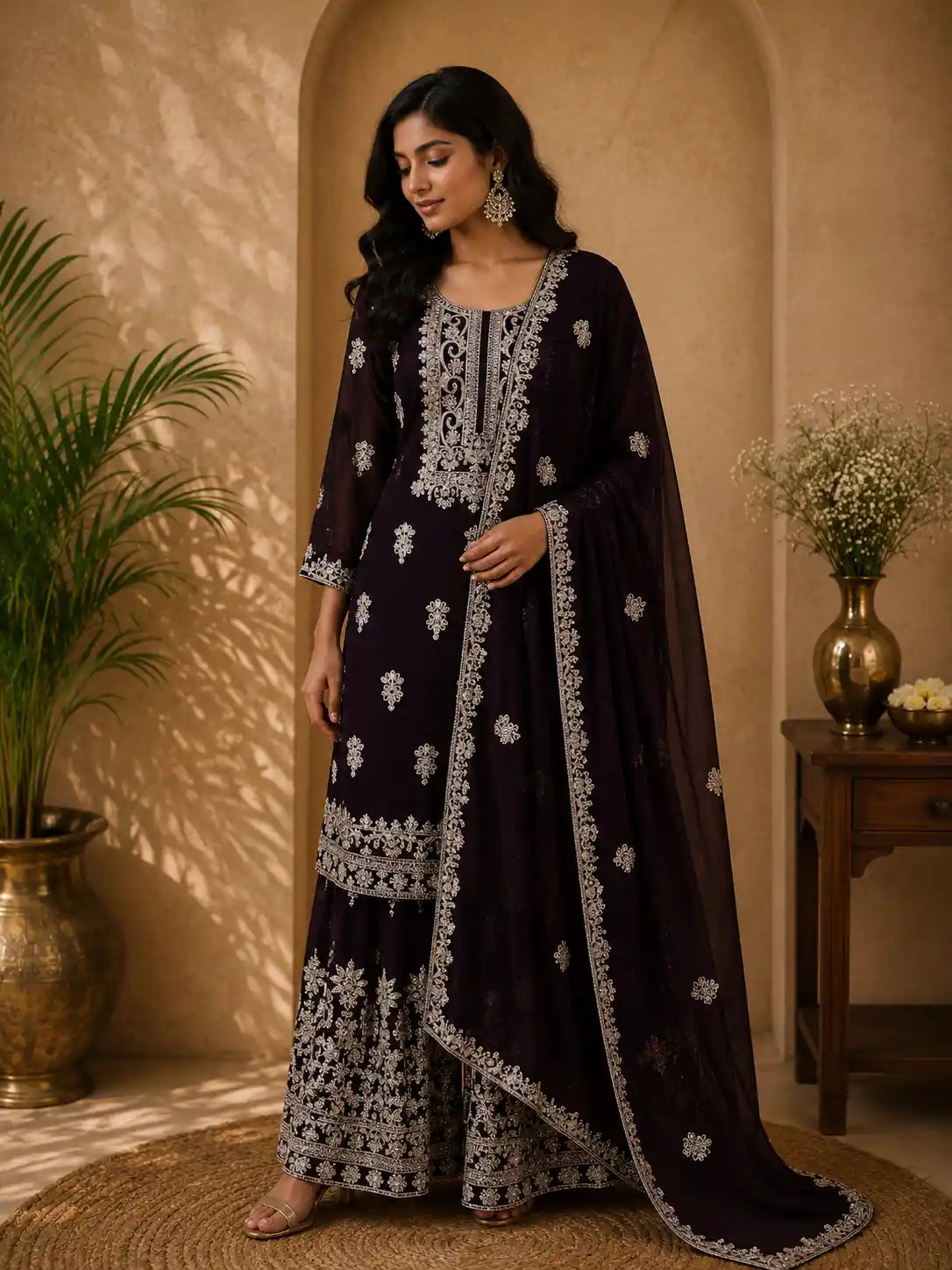 Deep Wine Floral Zari Embroidered Design Georgette Palazzo Suit with Dupatta