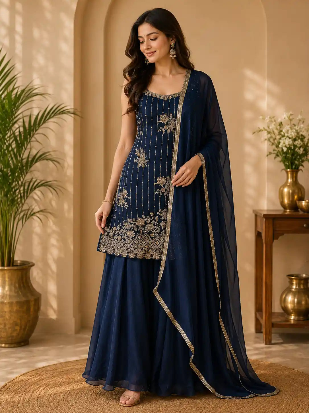 Deep Navy Blue Floral Sequins and Beads Embroidered Design Georgette Palazzo Suit with Dupatta