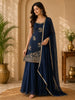 Deep Navy Blue Floral Sequins and Beads Embroidered Design Georgette Palazzo Suit with Dupatta