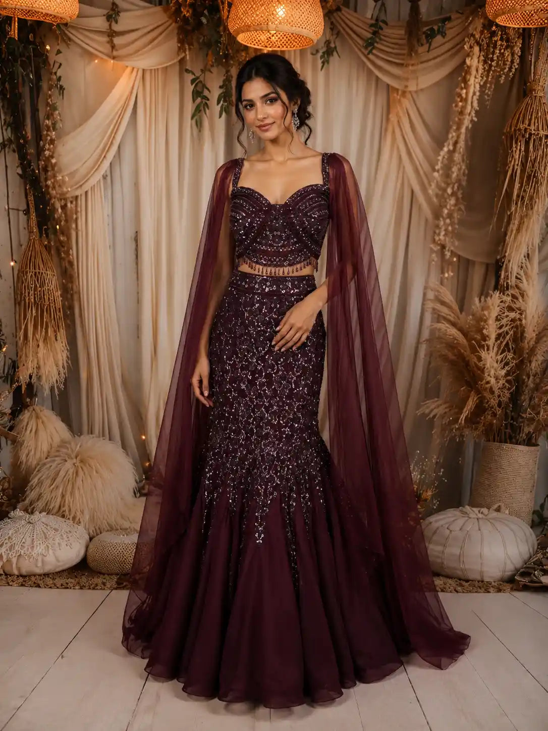 Deep Wine Heavy Sequins and Beads Embroidered Design Mermaid Satin Lehenga with Sheer Dupatta