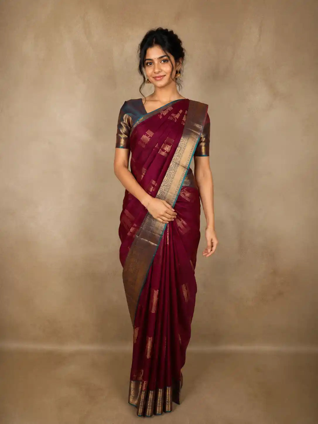 Deep Wine Maroon Abstract Zari Woven Design Kanchipuram Silk Saree with Contrast Zari Border